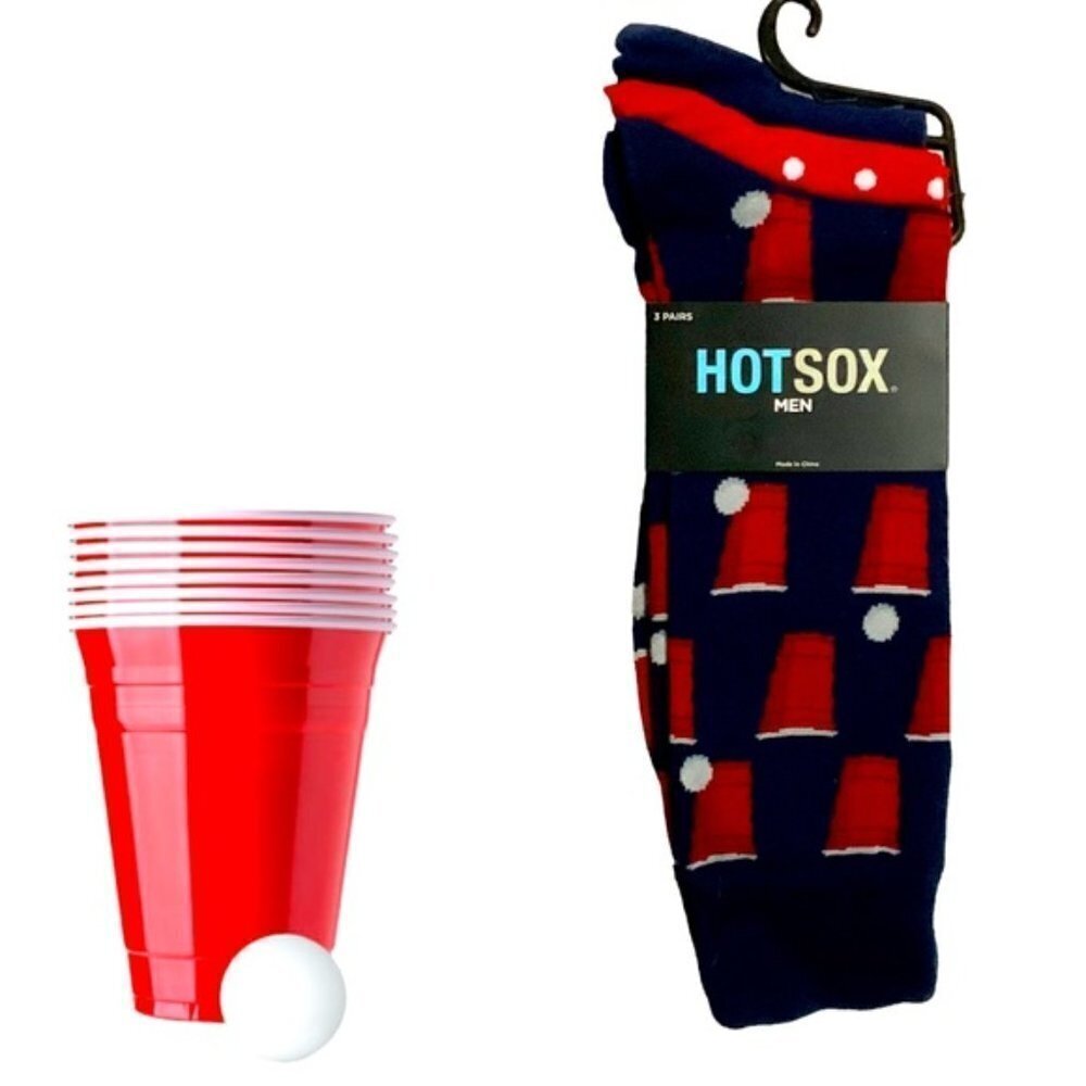 Hot Sox Beer Pong Socks 3 Pair Men’s Gift Pack Navy Red Polka Dot Size 10-13
